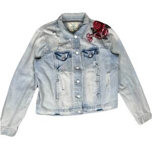 Style Me Los Angeles Rose Embroidered Denim Jacket Women’s Large Cropped